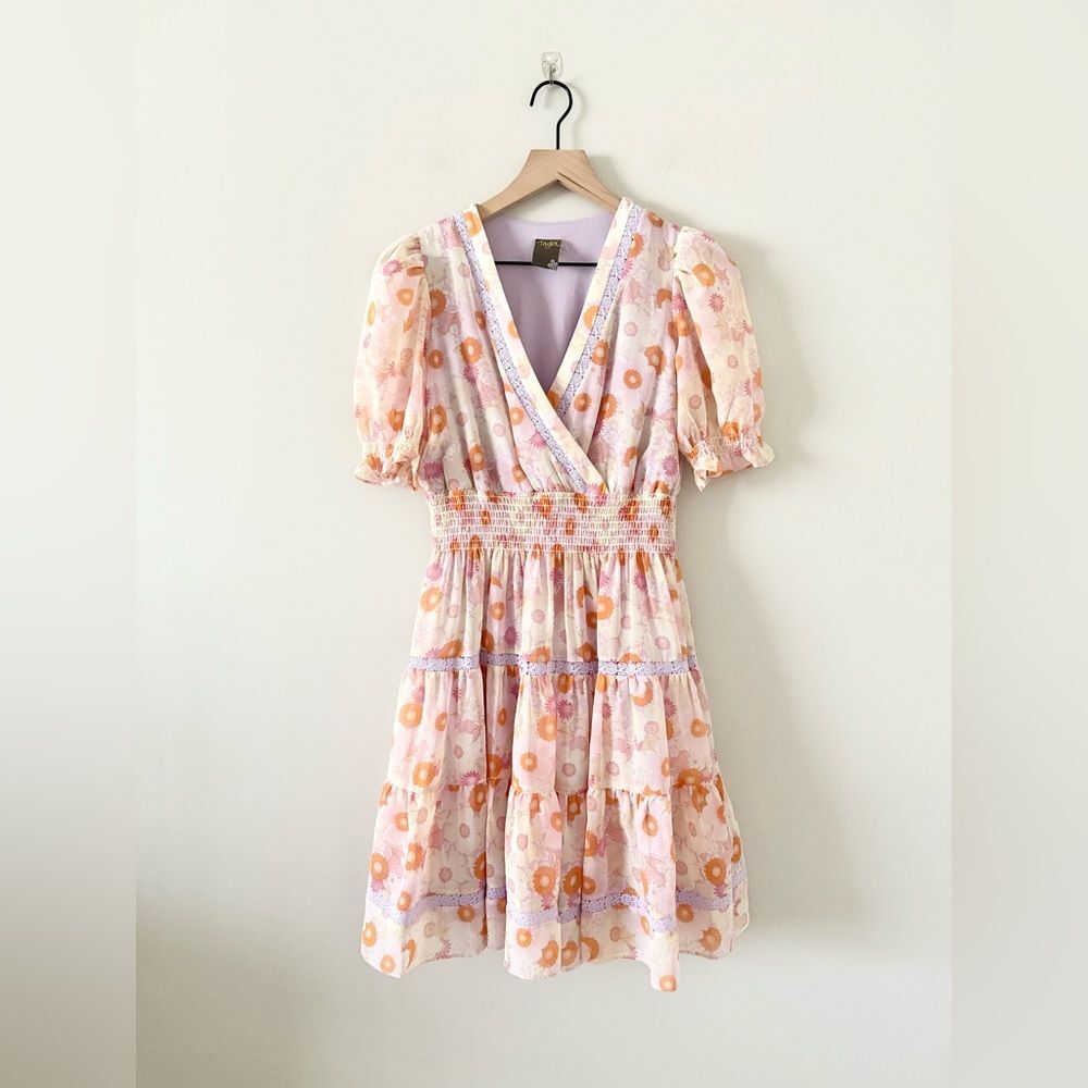 Taylor Puff Sleeve Fit & Flare Dress in Ditzy Floral Pink Yellow Purple Orange 2